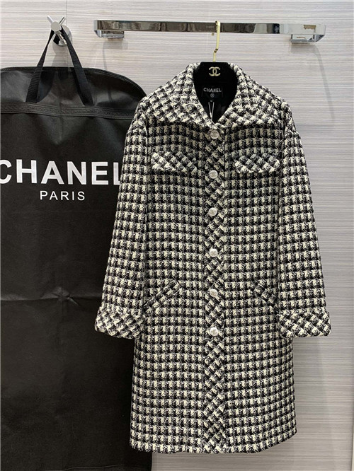 chanel black and white check wool coat