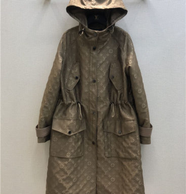 lv logo hooded trench coat