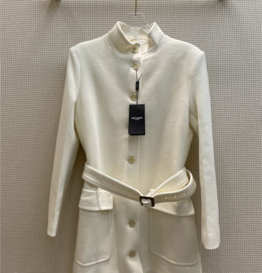 ysl white single-breasted belted dress coat