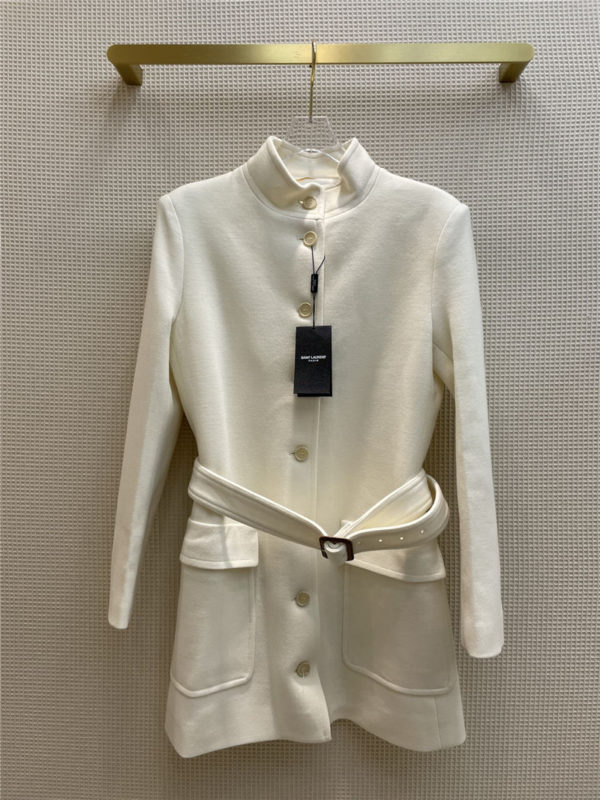 ysl white single-breasted belted dress coat