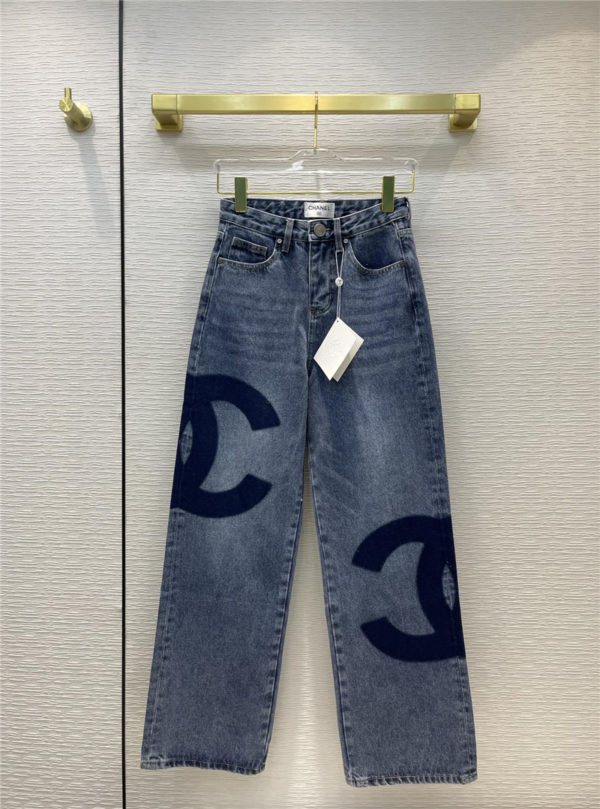 chanel logo print high-rise straight-leg jeans