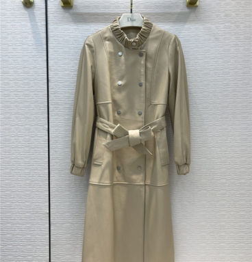 dior round neck long leather trench coat