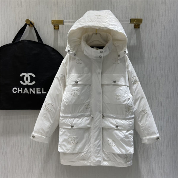 Chanel logo hooded mid-length down jacket