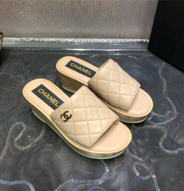 chanel embroidered wedge platform slippers