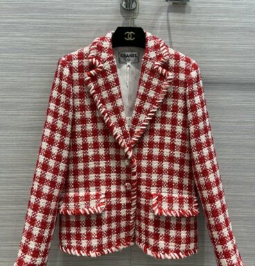 chanel red and white checked tweed blazer