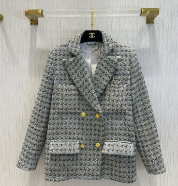 chanel blue and grey woven lapel suit