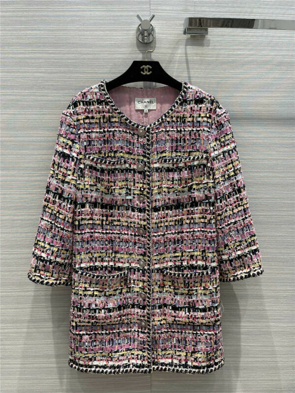 chanel long woven tweed coat