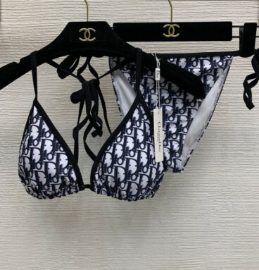 dior letter print lace up bikini split swimsuit