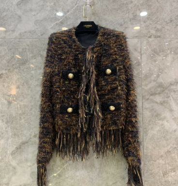balmain woven fringed coat