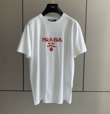 prada white lettering logo embroidery short sleeves
