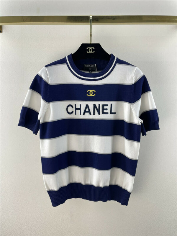 chanel striped embroidered logo knit short sleeve