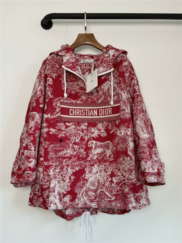 dior jacquard red animal print hooded trench coat