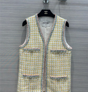 chanel yellow check tweed vest