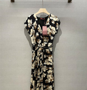 maxmara silk V-neck waist print dress