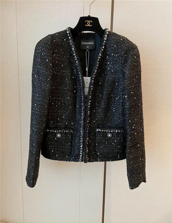 chanel black cotton twill sequined tweed coat