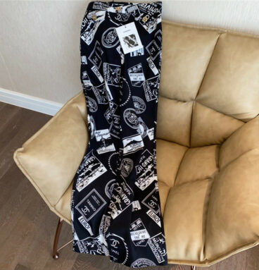 chanel black and white printed graphic straight-leg pants