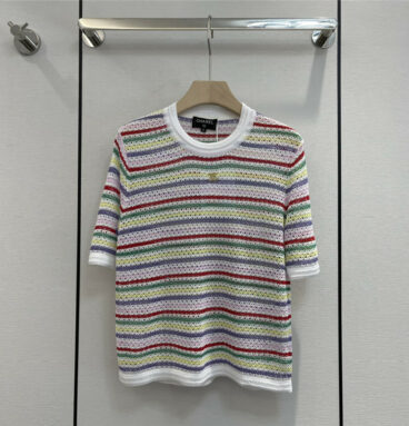 chanel colorful striped open-knit short-sleeve top