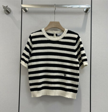 dior striped cutout embroidered bee-knit short-sleeve top