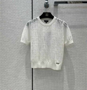 chanel logo embroidery mesh short-sleeved top