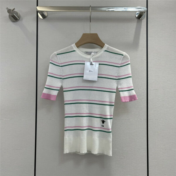 dior striped embroidered bee knit short-sleeve top