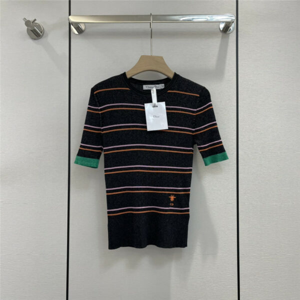 dior striped embroidered bee knit short-sleeve top