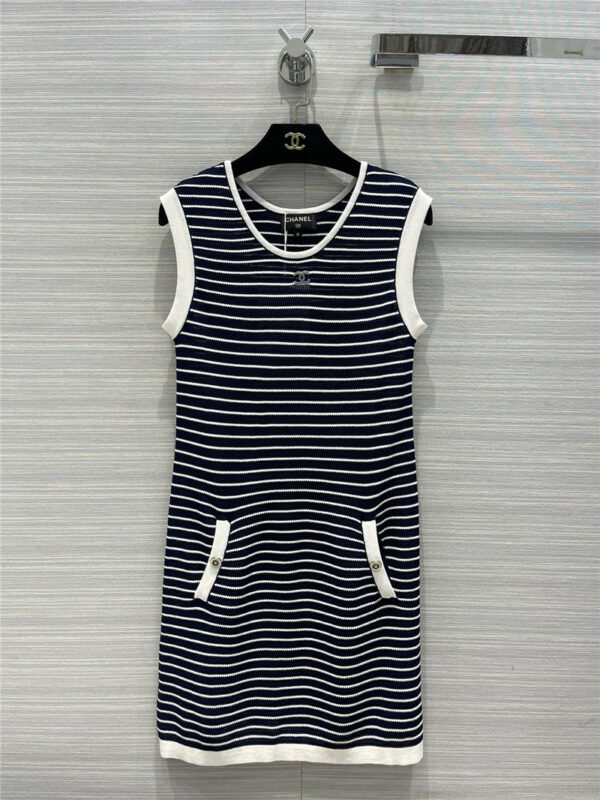 chanel blue striped knitted striped sleeveless dress