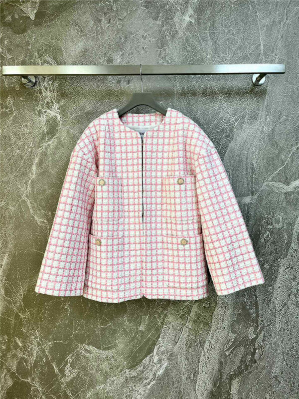 chanel pink and white check coat
