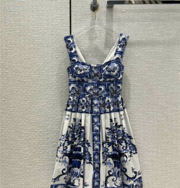 dolce & gabbana d&g blue print strapless dress