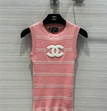 chanel embroidered logo striped knitted vest