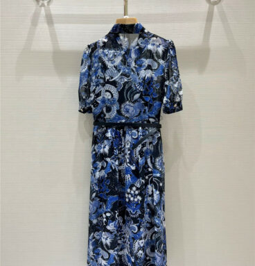 dior print nipped-waist silk dress