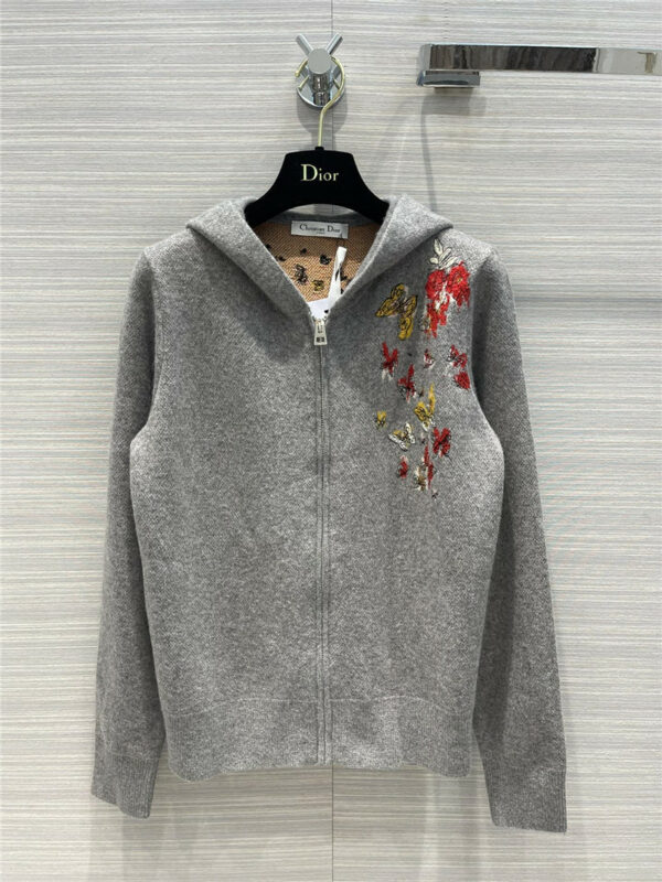 dior butterfly embroidery knitted cashmere zip coat