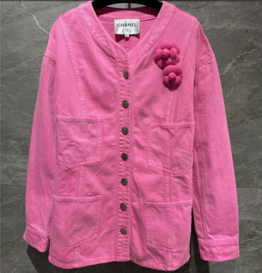 chanel pink camellia brooch denim jacket