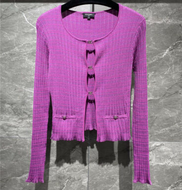 chanel crew neck purple knitted cardigan