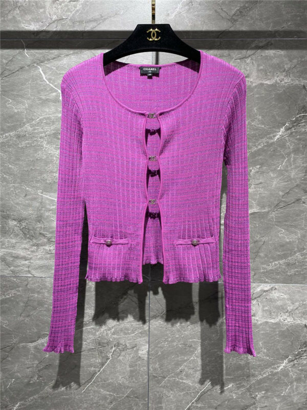 chanel crew neck purple knitted cardigan