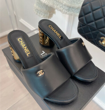 chanel metal block heel CC logo bread slippers