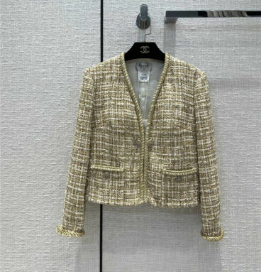 chanel white-gold woven single-button coat