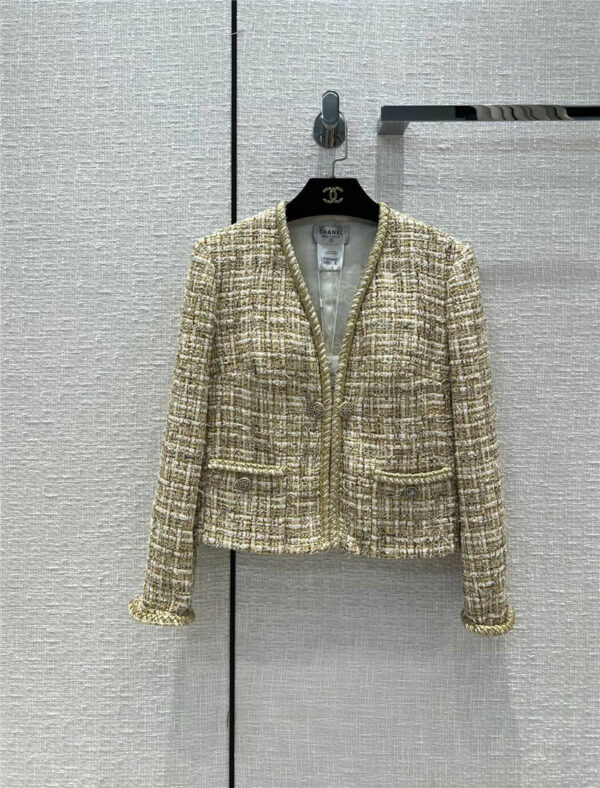 chanel white-gold woven single-button coat