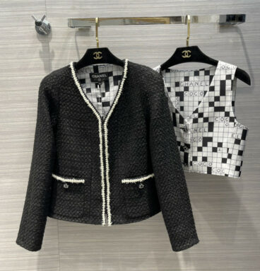 chanel classic coco black and white checkerboard coat