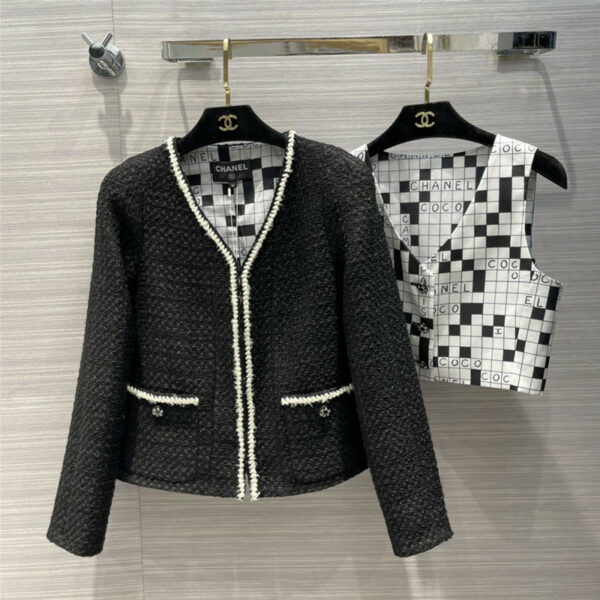 chanel classic coco black and white checkerboard coat