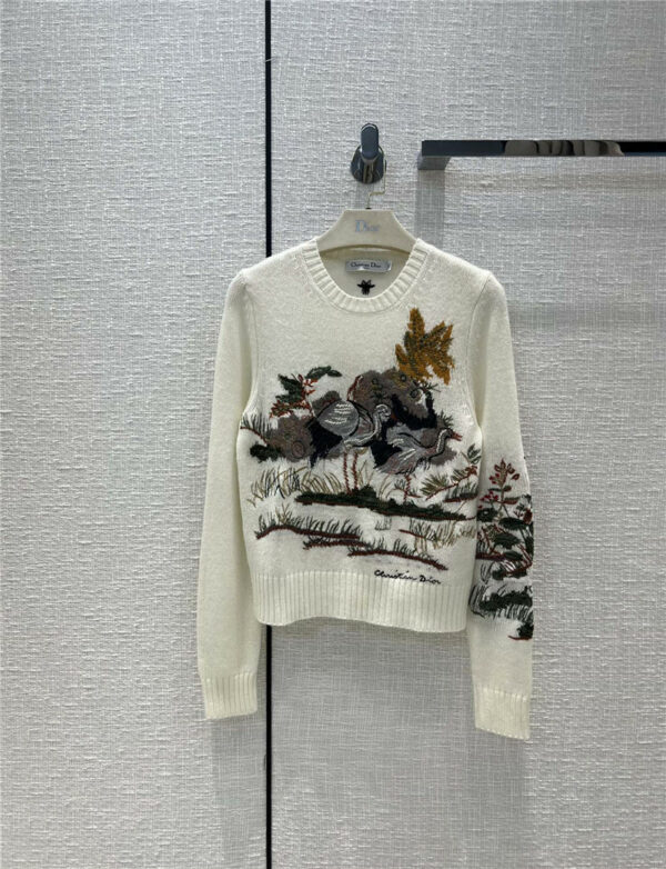dior crane graphic embroidered cashmere knitted top