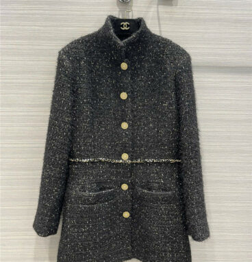 chanel black stand collar tweed coat