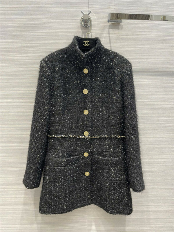 chanel black stand collar tweed coat