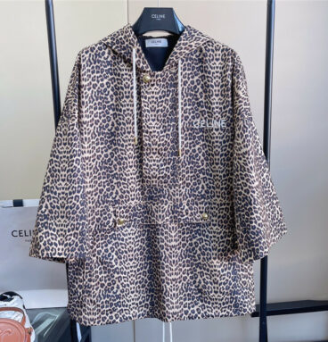 celine leopard embroidered logo hooded trench coat