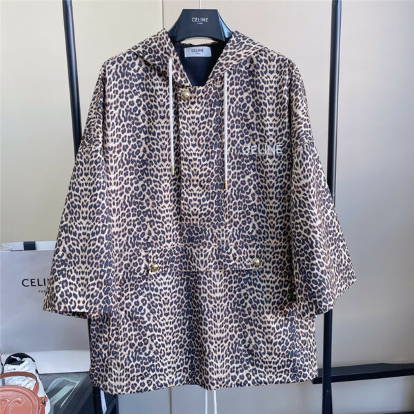 celine leopard embroidered logo hooded trench coat