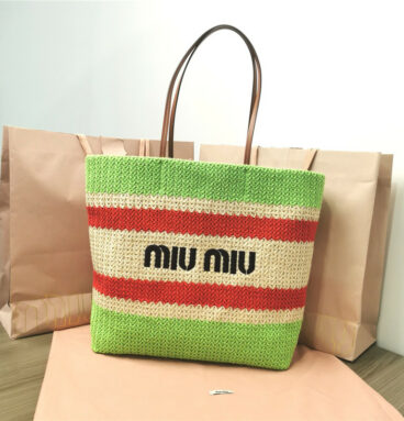 miumiu straw woven cotton tote bag