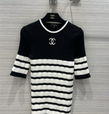 chanel cc logo striped knitted short-sleeve top