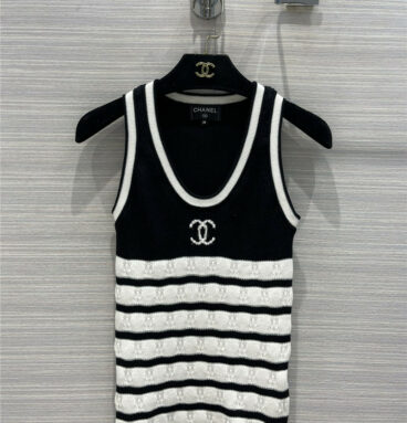 chanel CC logo striped knit vest