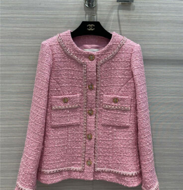 chanel pink woven tweed coat