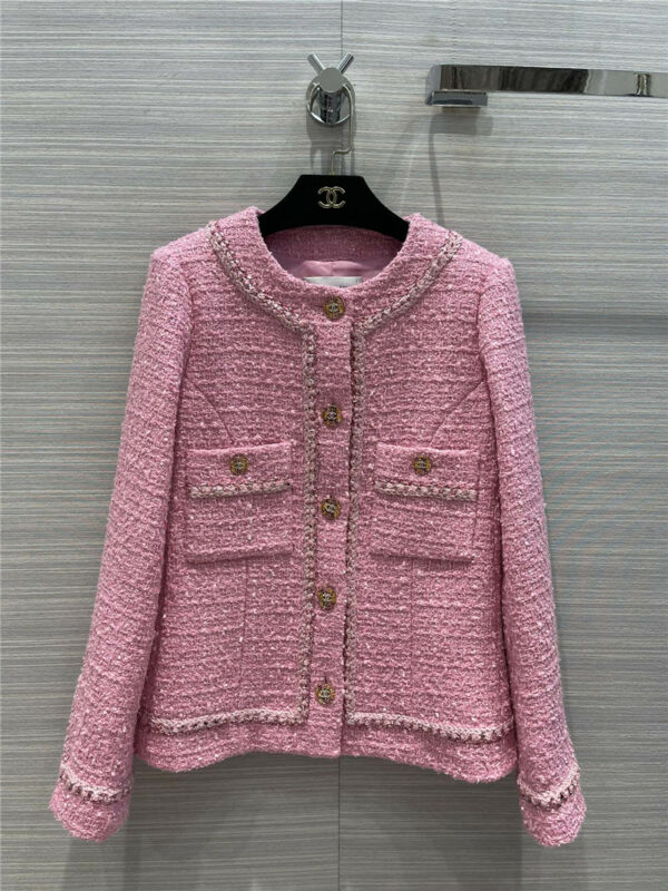 chanel pink woven tweed coat