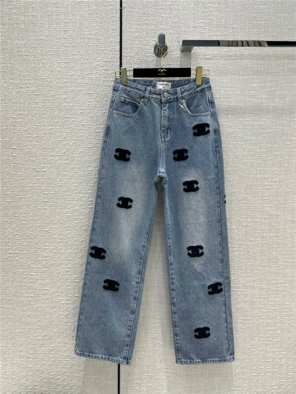 chanel logo embroidered jeans
